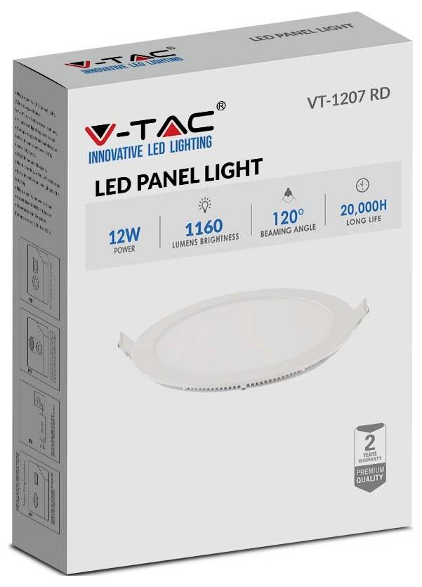 LED panel svetlo V-TAC, 12W, 1160 lumenov, uhol svietenia 120°, životnosť 20 000 hodín