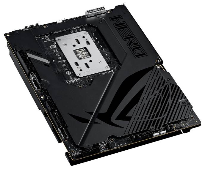 Čierna počítačová základná doska s nápisom "HERO" a výrazným logom, ktorá má viacero portov a centrálny slot pre procesor.