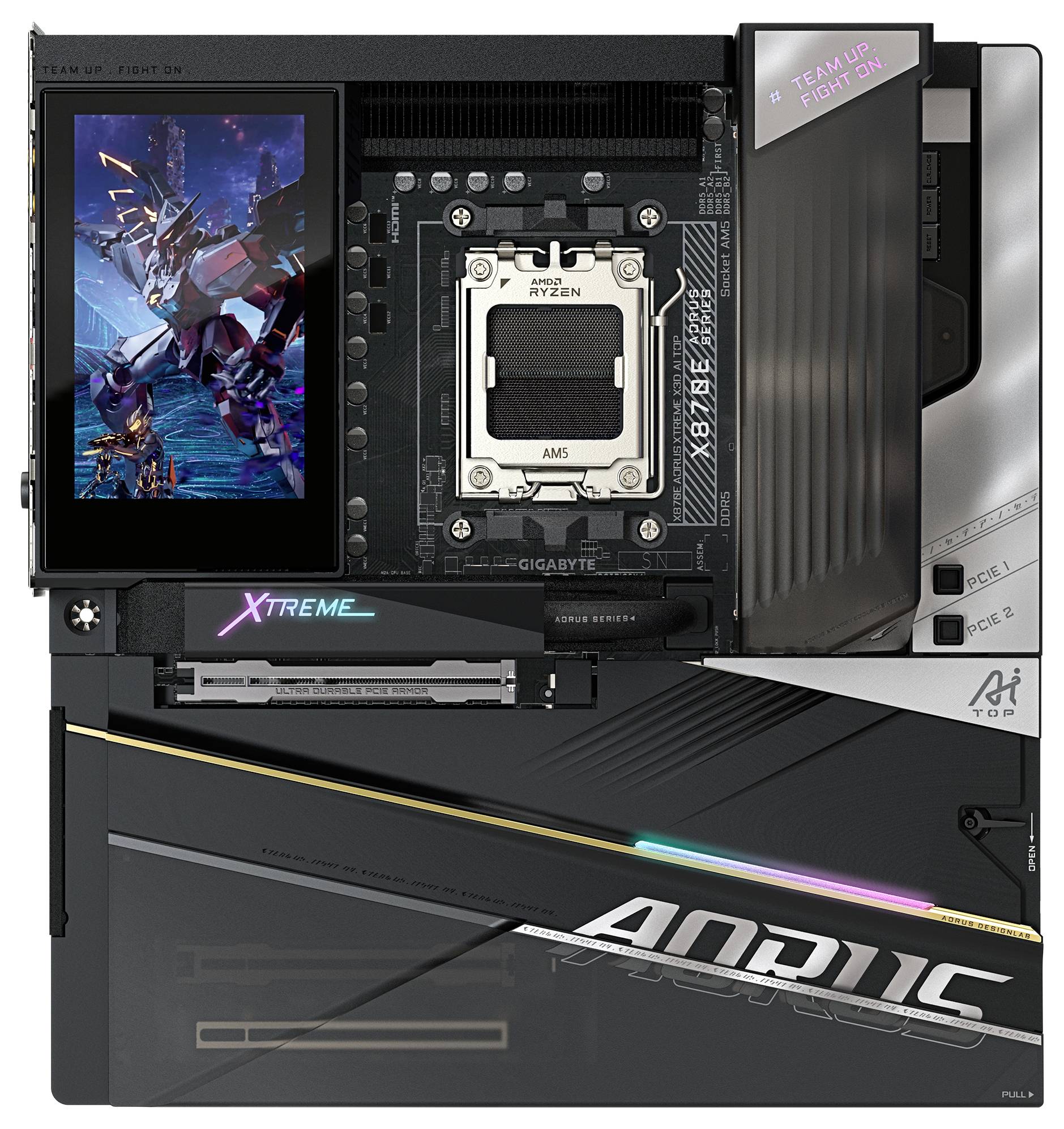 Základná doska s päticou pre procesor 'AMD Ryzen', vybavená LCD displejom zobrazujúcim obrázok robota. Viditeľná značka 'AORUS XTREME'.