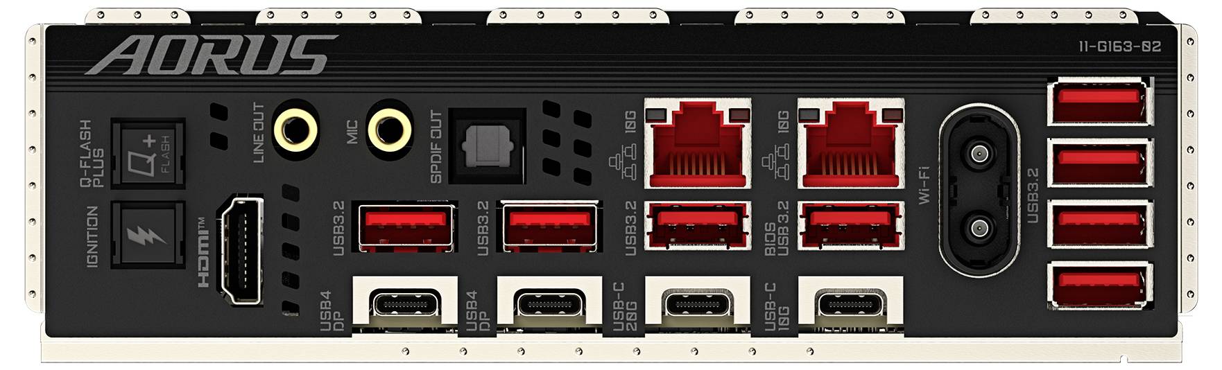 Zadný panel základnej dosky s viacerými USB portmi, audio jackami, HDMI portom a ethernetovým portom, označený názvom 'AORUS'.