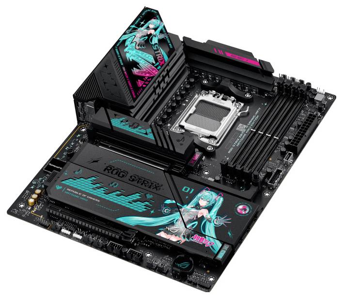 Počítačová základná doska s farebnými, štylizovanými grafikami animovanej postavy, s nápismi 'ROG STRIX' a 'GAMING'.