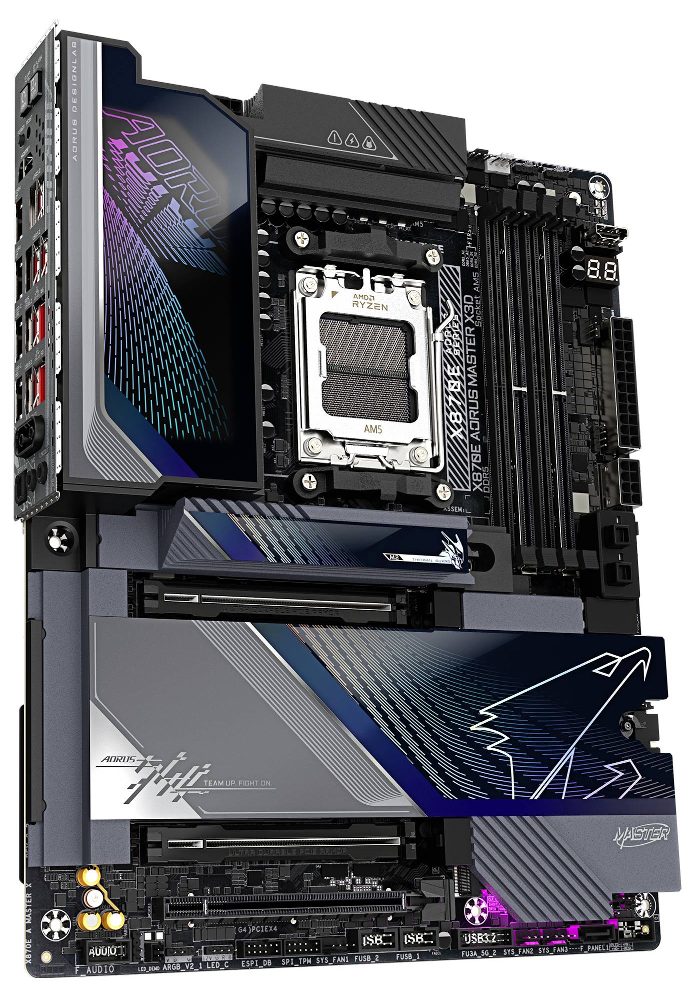 Základná doska AORUS Master X670E s AMD socketom, zobrazená so svetelnými RGB akcentmi a futuristickým dizajnom na tmavej doske.