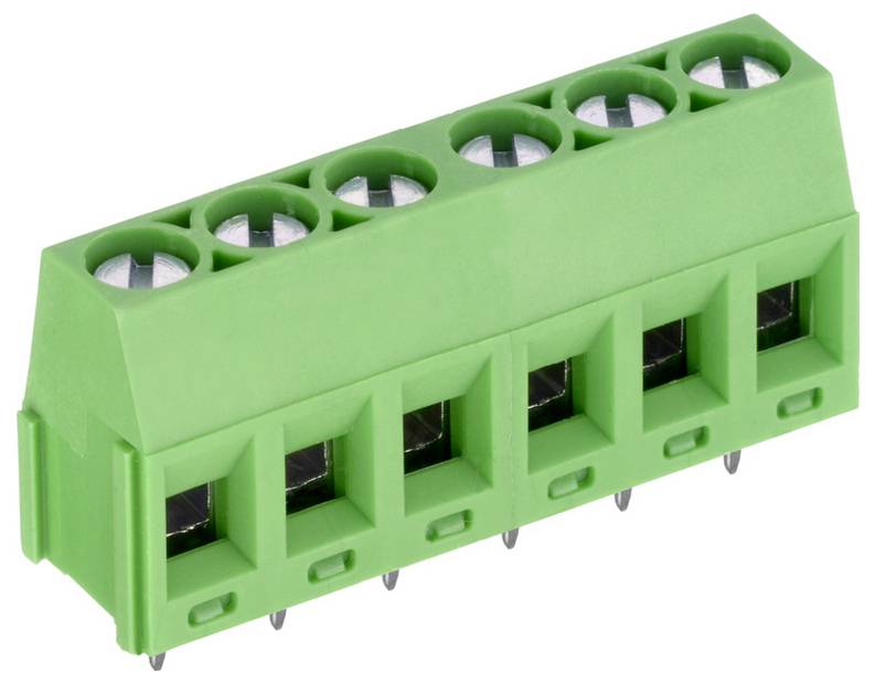 Zelený blok zásuviek s piatimi portami a skrutkovacími svorkami, používaný na elektrické spojenia na obvodových doskách alebo zariadeniach.
