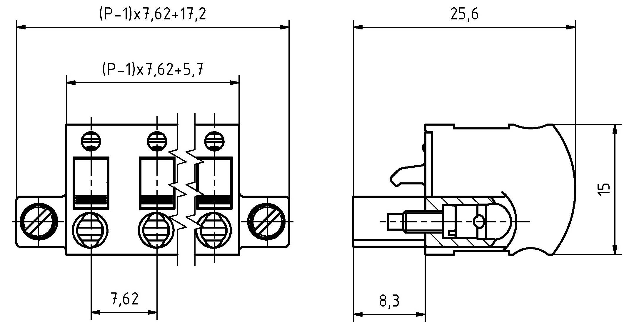 Technický výkres trojpólového elektrickej svorkovnice. Obsahuje rozmery: šírka 25,6 mm, výška 15 mm, hĺbka 8,3 mm a rozostup pinov 7,62 mm.