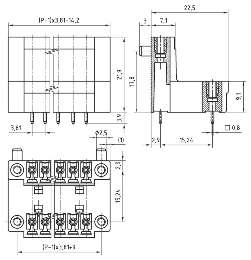 'Technický diagram elektronickej súčiastky s viacerými pohľadmi, ktorý ukazuje rozmery, konfiguráciu vývodov a podrobné merania.'
