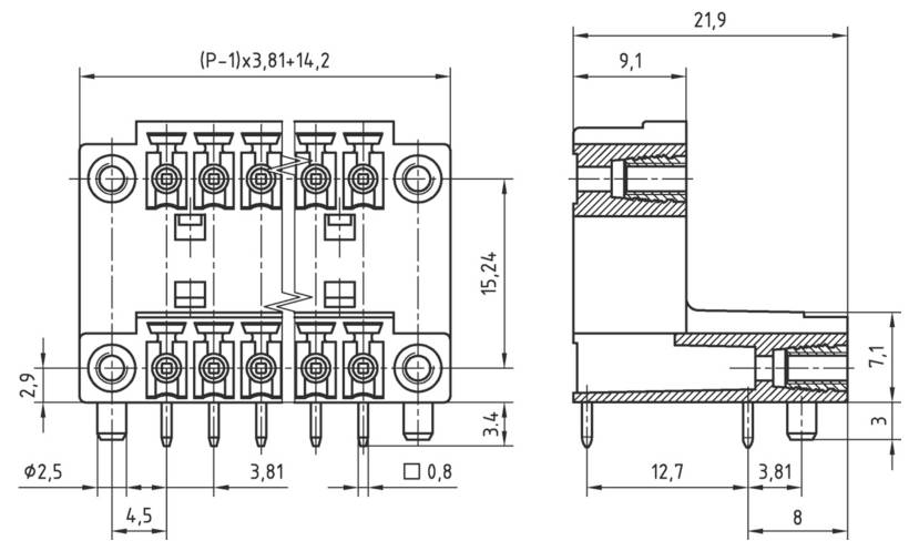 Technický diagram elektrického konektora. Zobrazuje podrobné rozmery: pohľad zhora šírka 15,24 mm, rozstup kolíkov 3,81 mm, bočný pohľad výška 21,9 mm.