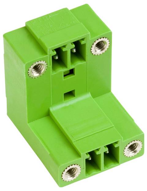 Zelený blok elektrických konektorov so štyrmi skrutkovacími svorkami a dvoma centrálnymi portmi navrhnutými na zaistenie elektrických vodičov.
