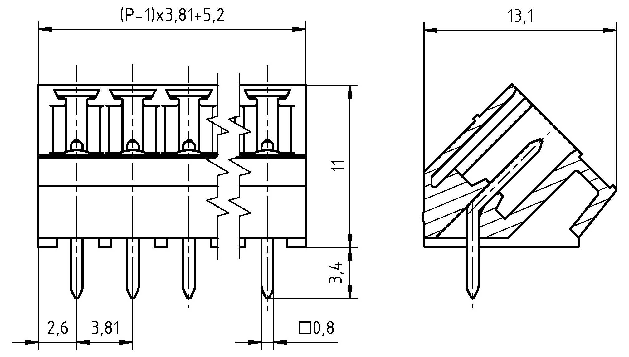 Technický výkres konektora s rozmermi. Predný pohľad zobrazuje rozostupy kolíkov a celkovú výšku 11 mm. Bočný pohľad zobrazuje šírku 13,1 mm.