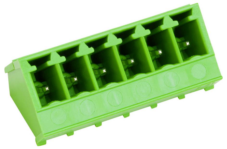 Zelený elektronický svorkovnicový blok so šiestimi prípojnými bodmi na vedenie.