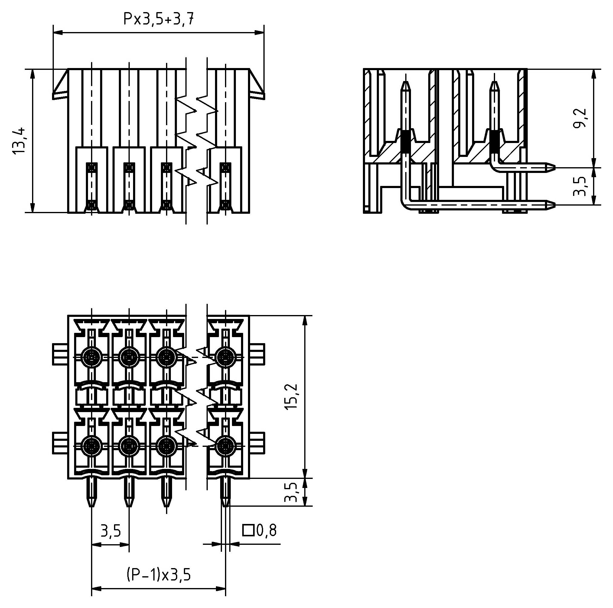 Technický výkres elektronického konektora s detailnými rozmermi v milimetroch, zobrazujúci pohľad spredu, z boku a zhora.