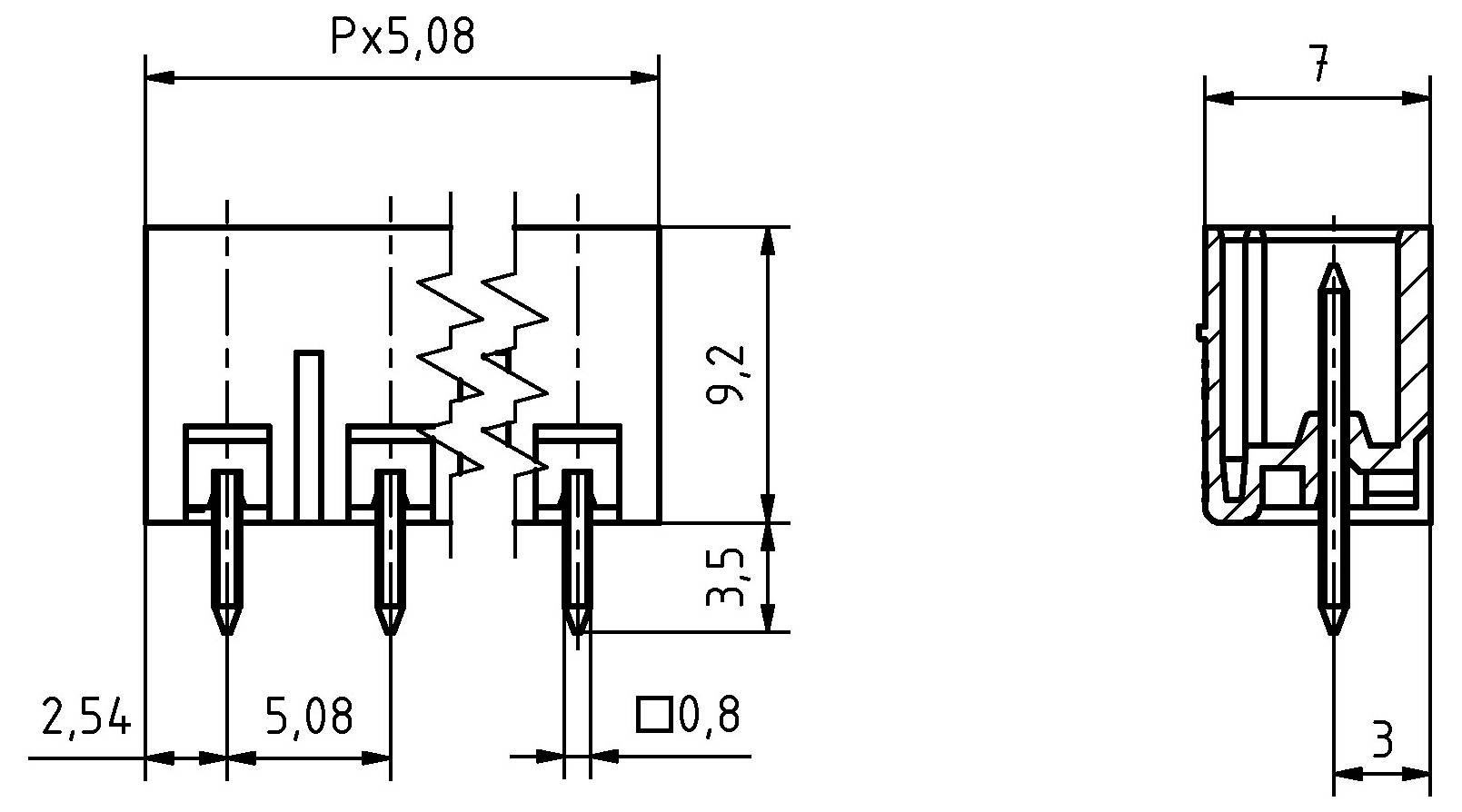 Rozmery elektrického konektora: šírka 8,4 mm, výška 12 mm, rozstup kolíkov 5 mm. Prierez znázorňuje 3 kolíky a podrobné merania.
