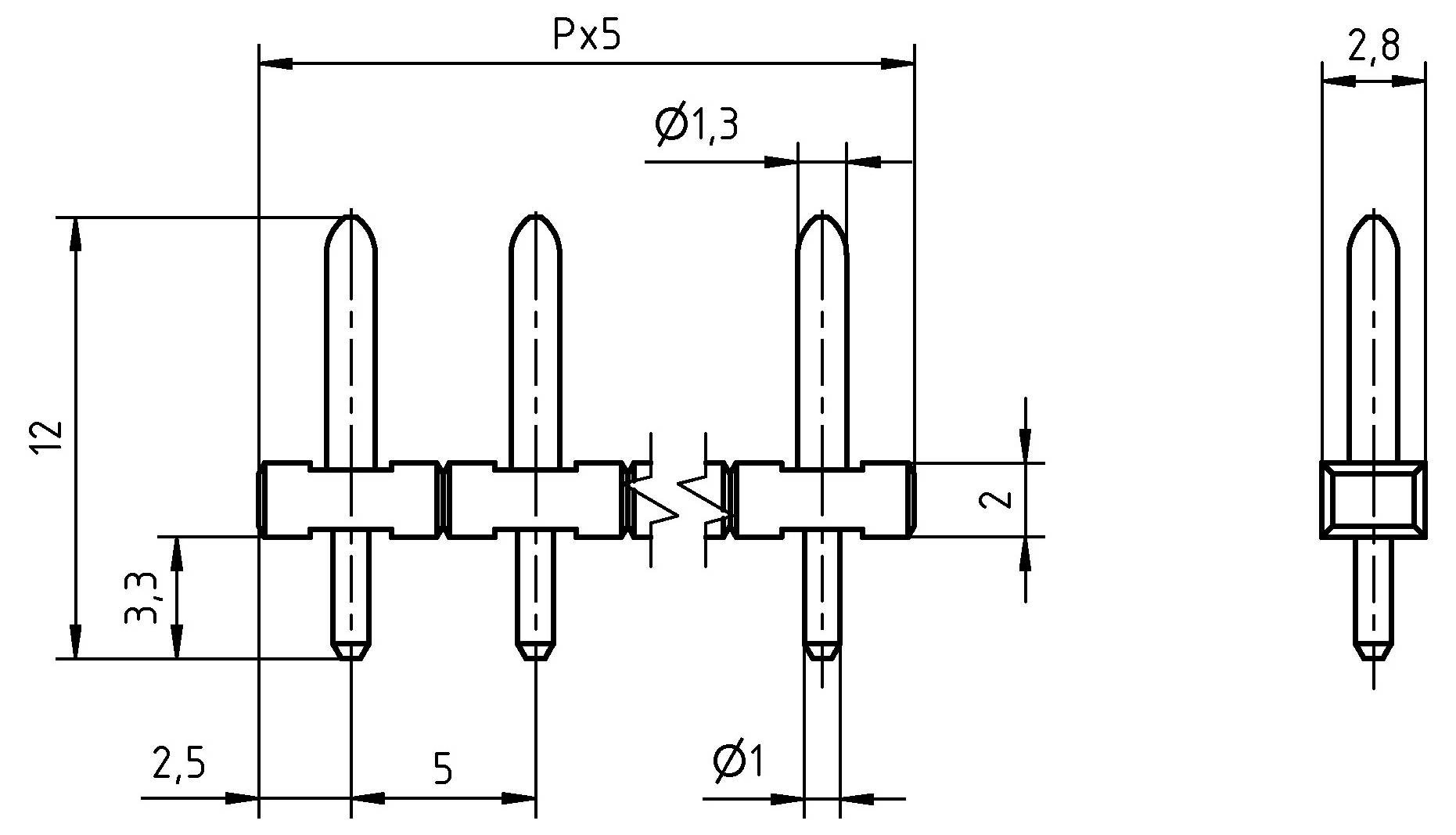 Diagram konektora s troma kolíkmi. Označené rozmery: rozstup kolíkov Px5, výška 12, priemer kolíka Ø1.3, celková šírka 2.8.