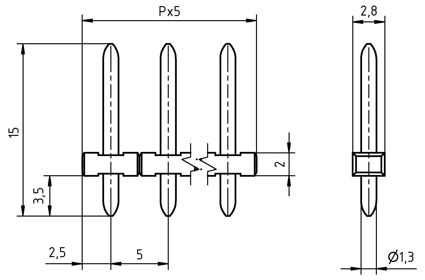 Technický nákres konektora so štyrmi kolíkmi, označený rozmermi: rozostup kolíkov 5 mm, výška 15 mm a šírka 2,5 mm.