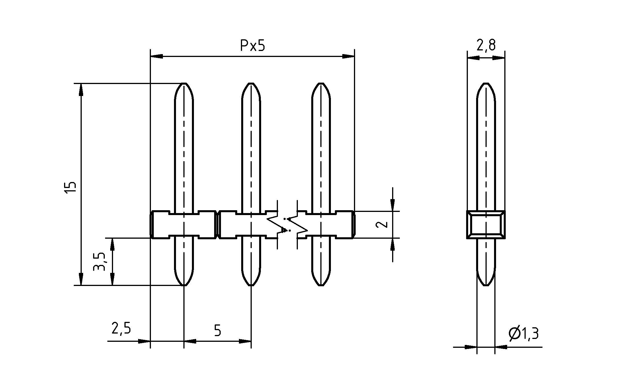 'Schematický diagram konektora s rozmermi: šírka 2,5 mm, výška 15 mm, rozostup kolíkov Px5 mm, priemer kolíka Ø1,3 mm.'