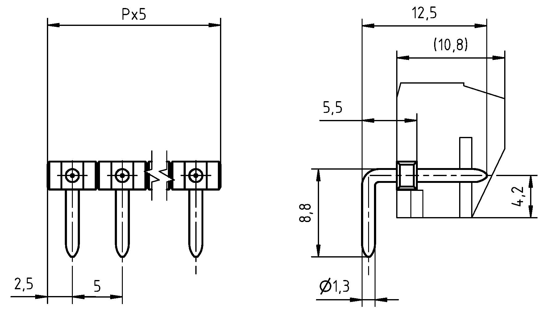 Technický výkres súčiastky s tromi kolíkmi. Pohľad spredu zobrazuje rozmery: 2,5 mm, rozostup P×5. Pohľad zboku rozmery: 12,5 mm, 10,8 mm, 8,8 mm, 5,5 mm, 4,2 mm, priemer kolíka Ø1,3 mm.