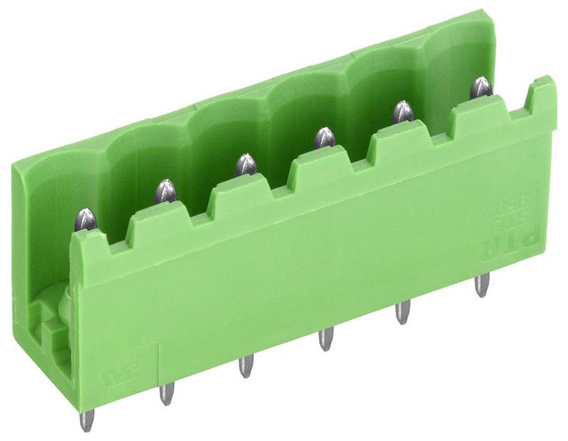 Zelený konektor PCB s viacerými kolíkami na elektrické pripojenia, zobrazený z bočného uhla.