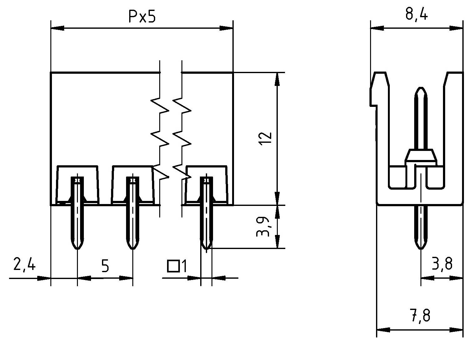 Technický výkres elektronickej súčiastky s rozmermi: šírka 8,4 mm, výška 12 mm, rozstup kolíkov P×5, detail rozloženia kolíkov.