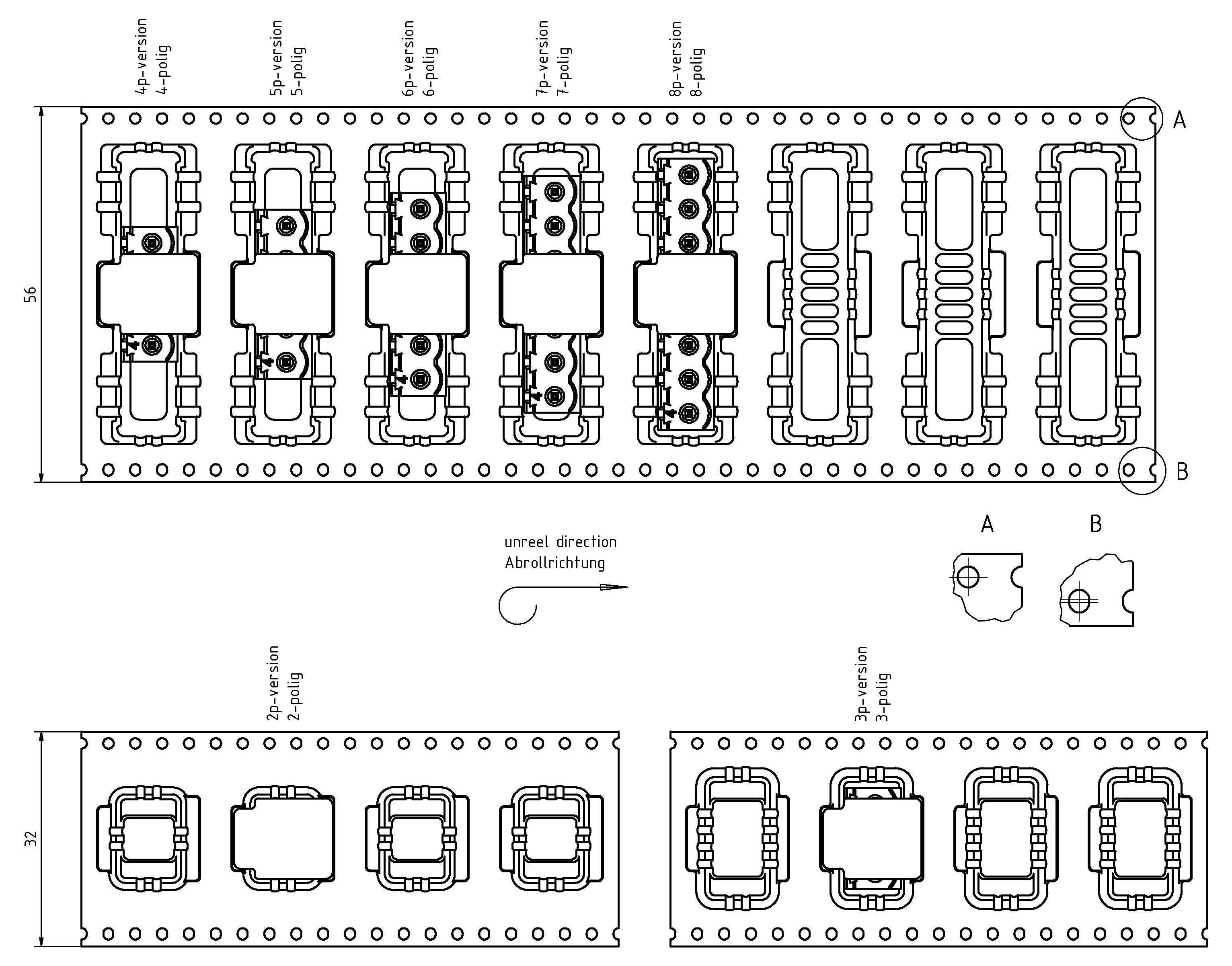Schematický diagram elektrickej sústavy pre rozloženie transformátora, zobrazujúci pripojenia a rozmery. Obsahuje označenia pre oddelenie vrstiev a smery A, B.