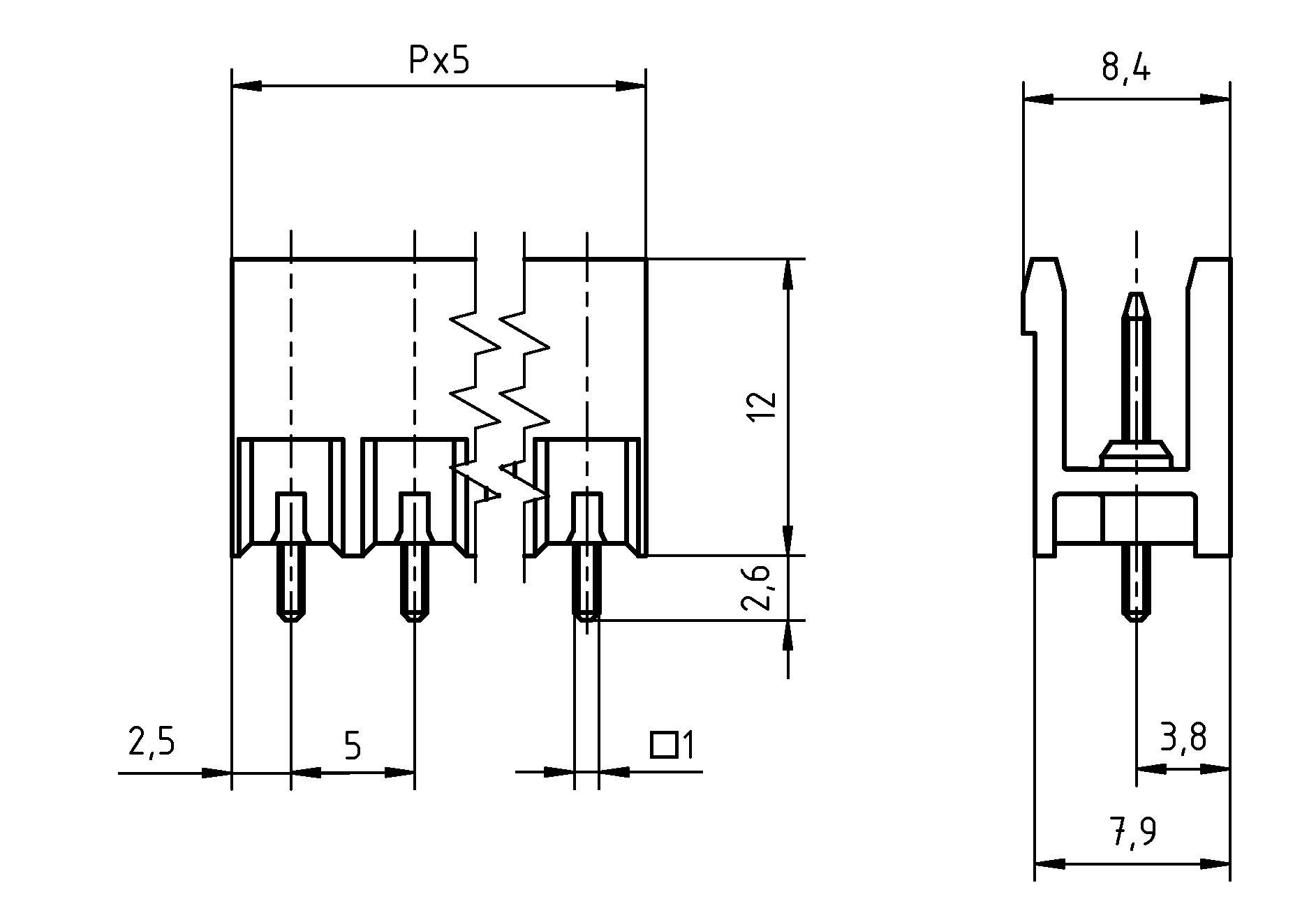 Technický diagram zobrazujúci rozmery konektora. Šírka: 2,5 mm, výška: 12 mm, rozstup: Px5. Bočný pohľad: výška 8,4 mm, šírka 7,9 mm.