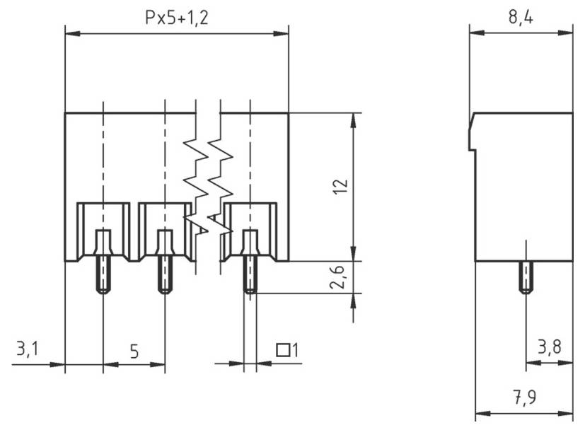 Technický diagram konektora zobrazujúci predný a bočný pohľad. Rozmery zahŕňajú šírku: 3,1, 5, 12 mm; výšku: 2,6, 3,8, 7,9 mm.