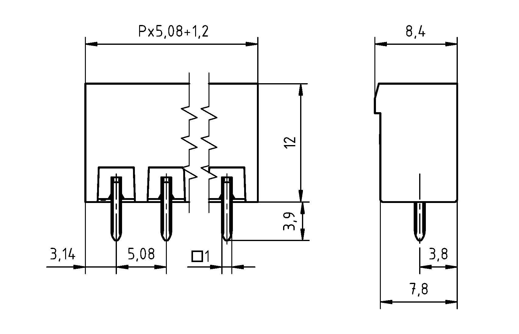 Technický výkres trojzástrčkového elektrického prvku; rozmery sú 12x8,4x7,8 mm so špecifickým rozstupom vývodov 5,08 mm.