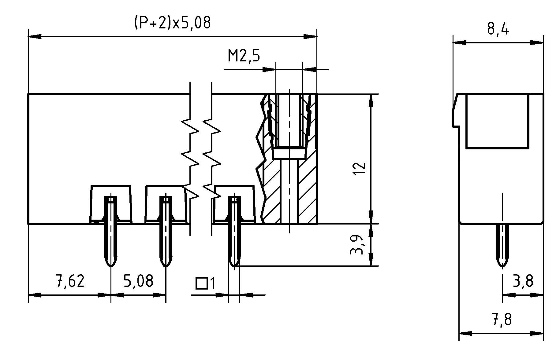 Technický diagram elektrickej konektoru s označenými rozmermi kolíkov. Hlavné rozmery: 12 mm výška, 8,4 mm šírka, rozostup kolíkov 5,08 mm.