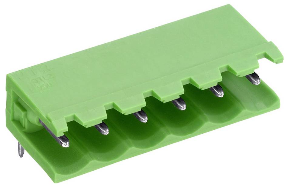 Zelený elektronický konektorový konektor so šiestimi kovovými kolíkmi, používaný na pripájanie drôtov k obvodom v rôznych elektronických zariadeniach.
