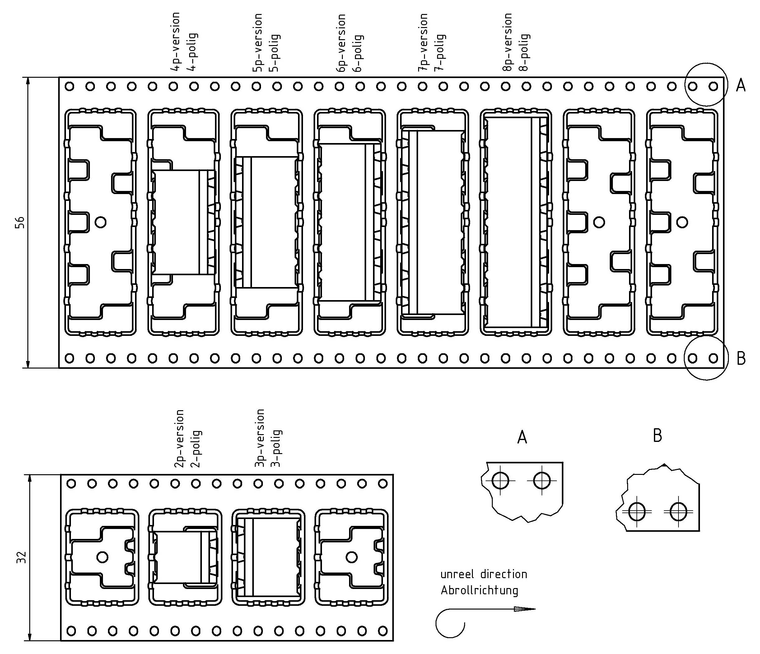 Schematický diagram zobrazujúci rozloženie a detaily meraní elektronických komponentov. Zahŕňa pohľady sekcie A a B a indikátor smeru.