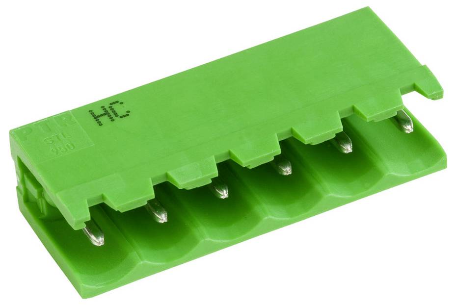 Zelený plastový elektrický konektor s piatimi kovovými kolíkmi, označený „HC" na vrchu.