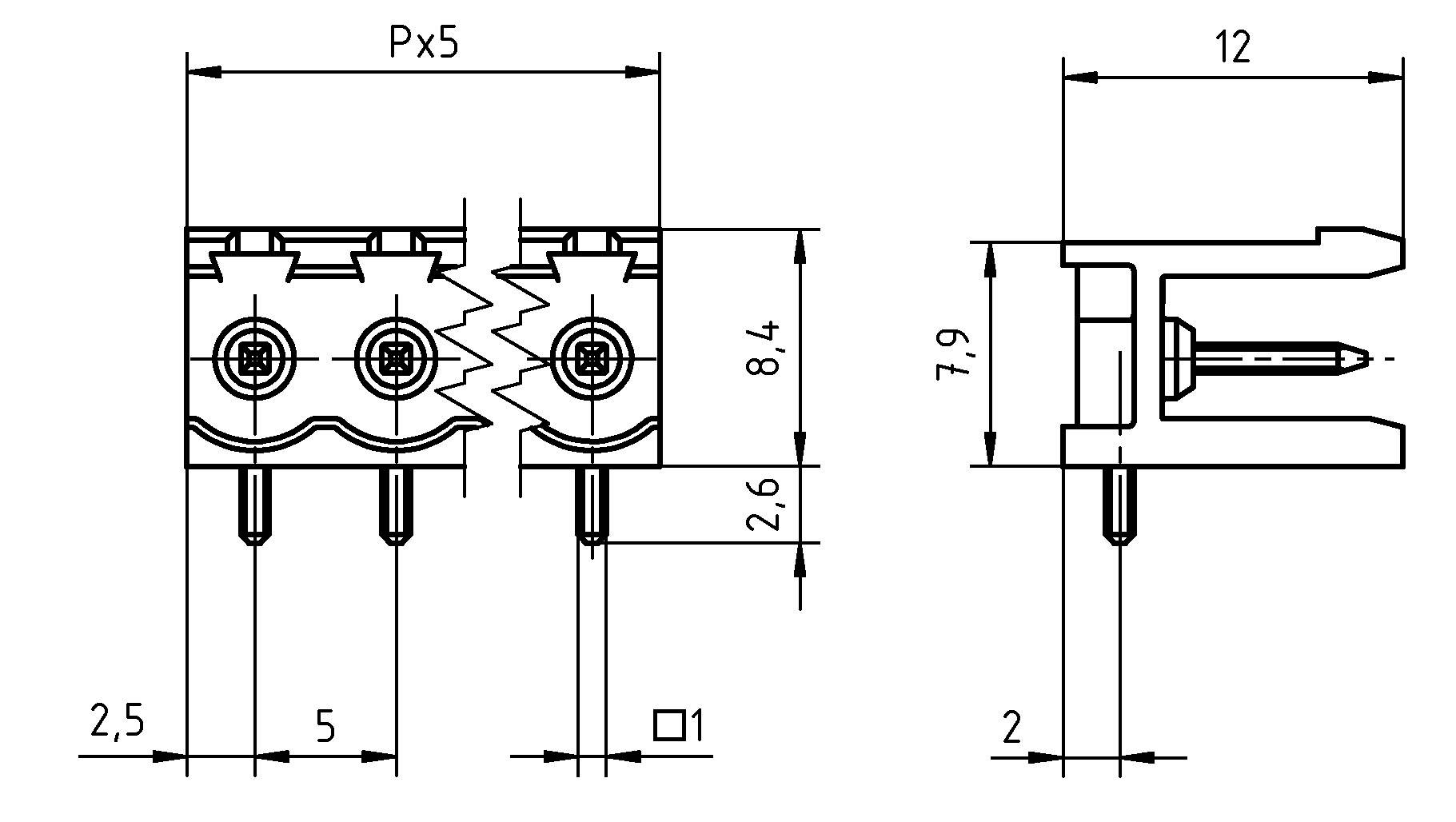 Technický výkres elektrického konektora. Rozmery označené: 2.5, 5, Px5, 12, 8.4, 2.6, 7.9, 2. Sú viditeľné kolíky a skrutkovací otvory.