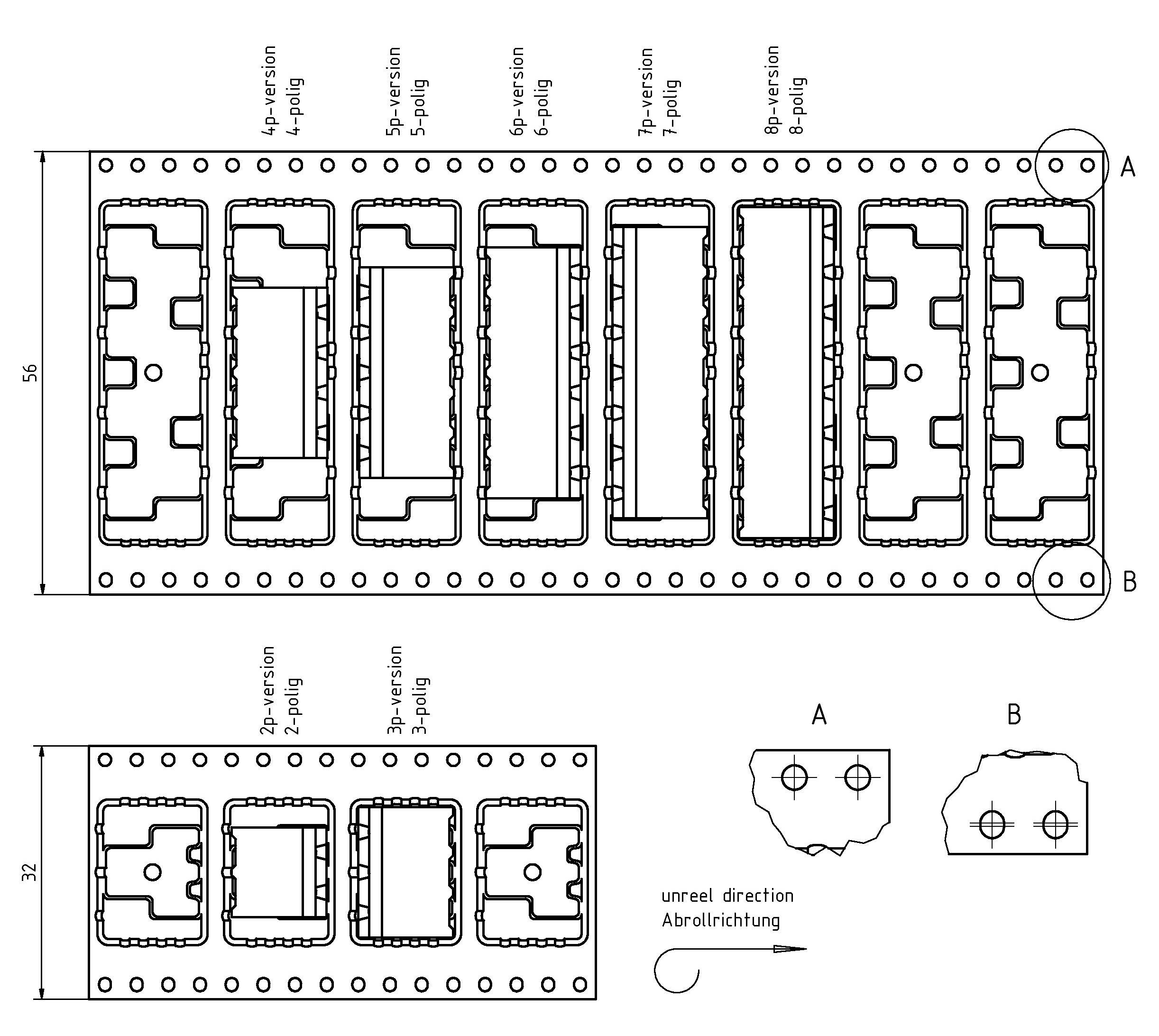 Technický diagram zobrazujúci komponenty v usporiadaní balenia pásky na cievke. Kľúčové rozmery: šírka 56 mm, výška 32 mm, označené „A-B" pre smer.