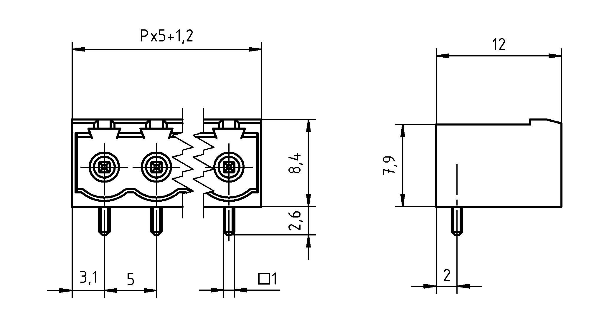 Technický výkres trojzátkového elektrického konektora zobrazujúci rozmery: šírka Px5+1.2, výška 8.4 s rozstupom 2.6, bočná šírka 12, výška 7.9, rozstup zátkí 5mm.