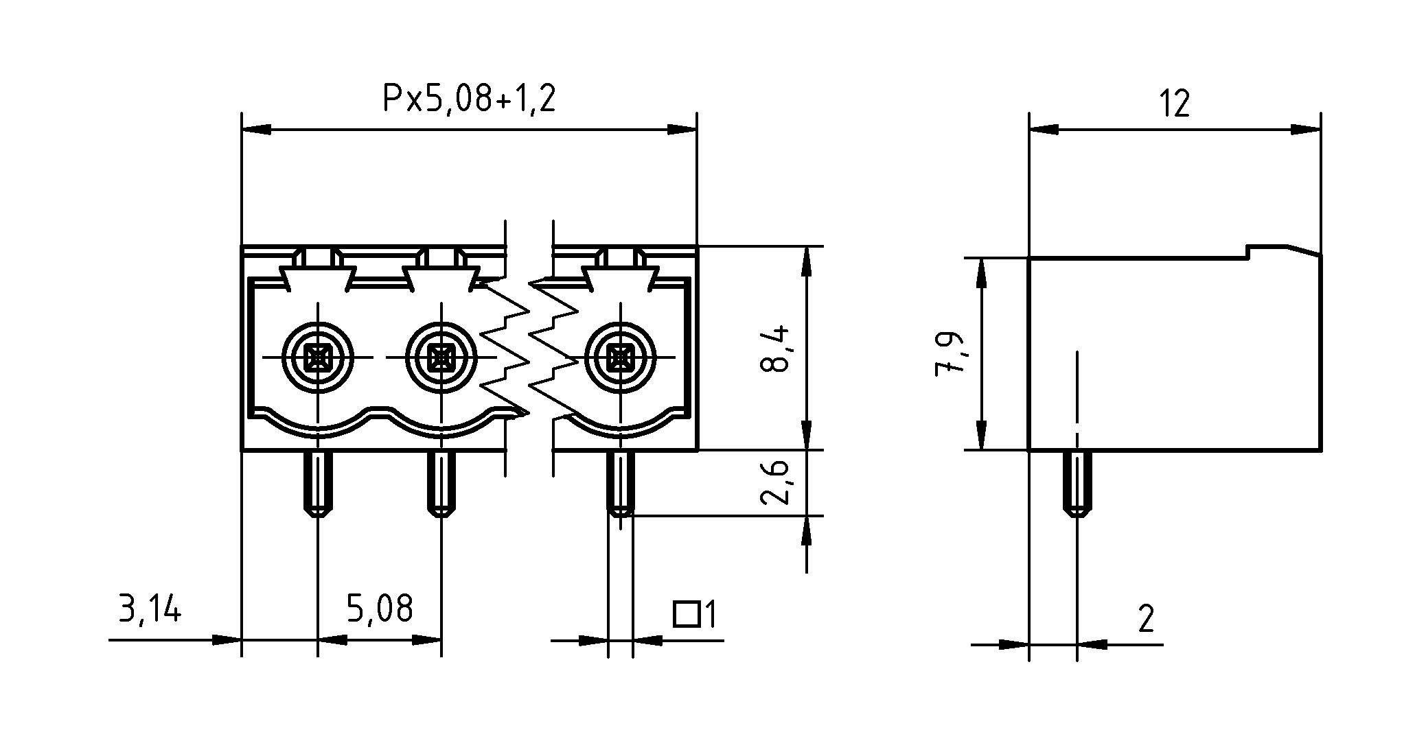 Technický výkres konektora s rozmermi: šírka 12 mm, výška 8,4 mm, rozostup spínačov 5,08 mm, priemer spínaču 1 mm.
