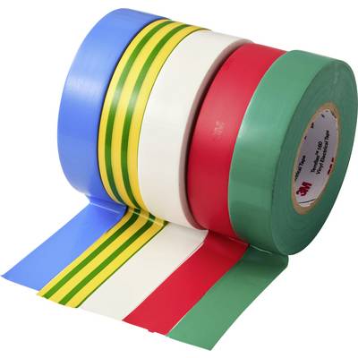 Päť roliek elektrikárskeho pásku, mierne rozvinuté, v modrej, žltej s zelenými pruhmi, bielej, červenej a zelenej farbe.