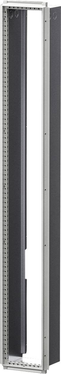 Vysoký, prázdny, šedý serverový rack s perforovanými stenami, určený na inštaláciu elektronických a sieťových zariadení v dátových centrách.