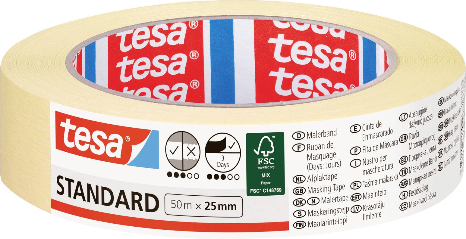 Štandardný roll maskovaciej pásky s béžovou páskou a červeným branding 'tesa'. Dĺžka: 50m, Šírka: 25mm. Vhodný na rôzne povrchy.