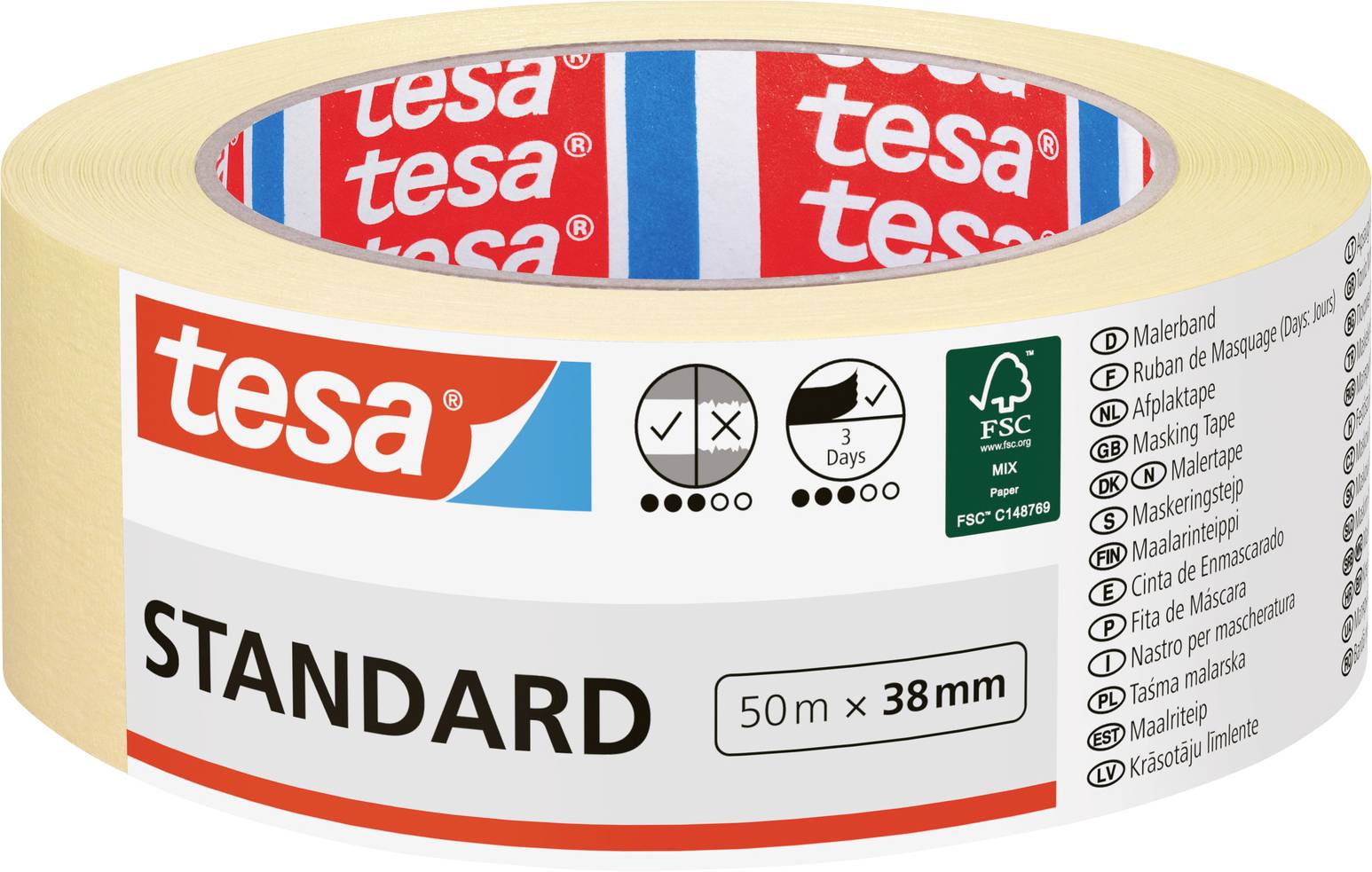 Rolka Tesa maskovaciej pásky s označením „STANDARD 50 m x 38 mm" s ikonami naznačujúcimi vhodnosť na použitie v interiéri a trhanie rukou.