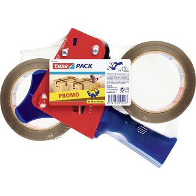 Balíčka „Tesa Pack Promo" obsahuje dve role pásky, rezací nástroj a modrú rukoväť. Určená na balenie a utesnenie.