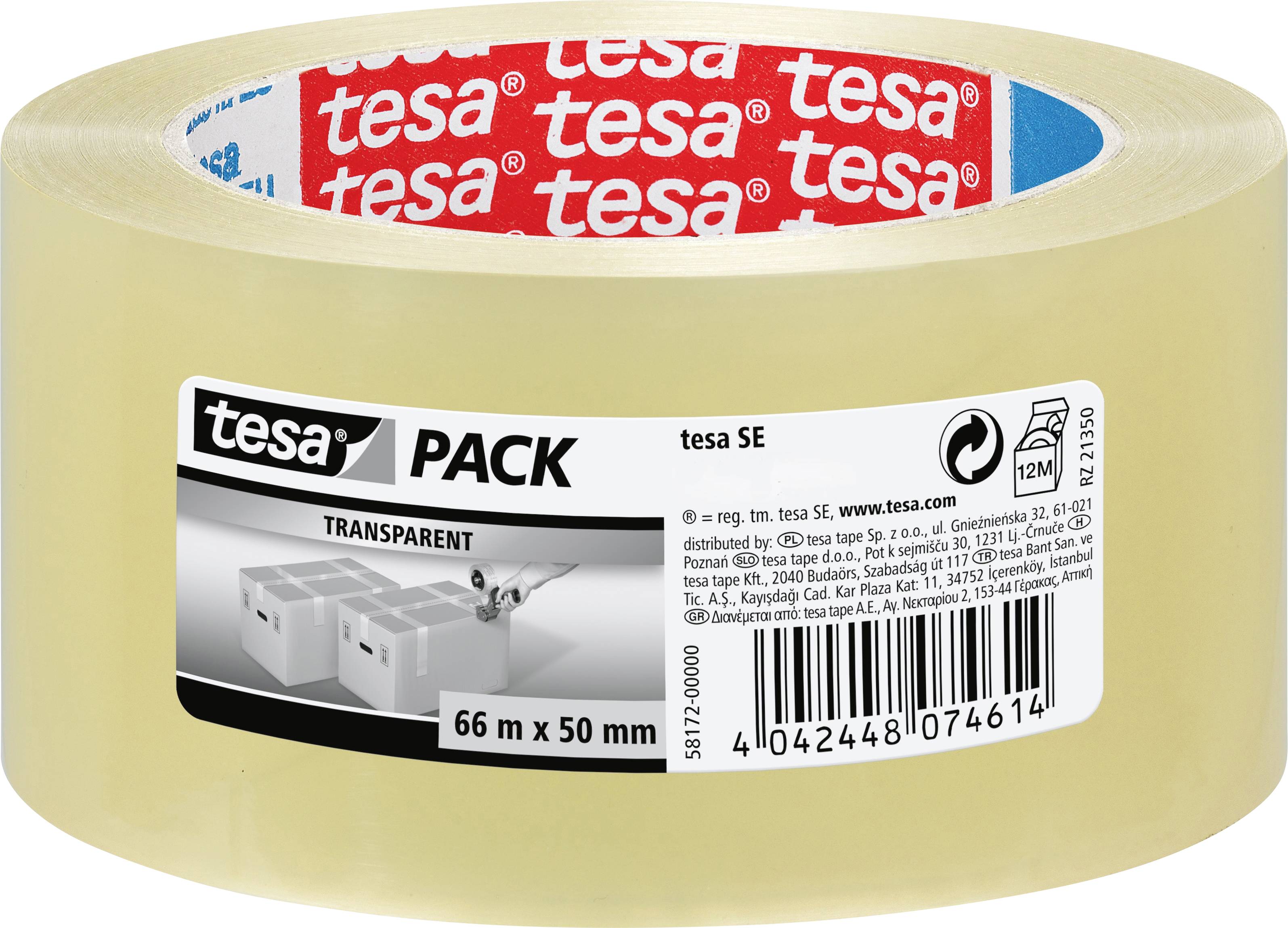 Rolka priehľadnej baliacej pásky s nálepkou s nápisom „tesa PACK".