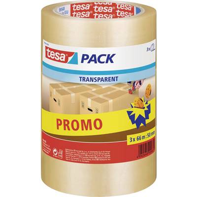'Priesvitná páska na zlepenie balíkov značky tesa PACK so značkou "PROMO", 3 rolky po 66m X 50mm každá, s obrázkom na zatvárame kartónu.'