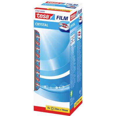 Priehľadný lepivý páskový obal označený "tesa Film Crystal" s ôsmimi rolkami, každá dlhá 33 m a široká 19 mm, s modrým dynamickým dizajnom.