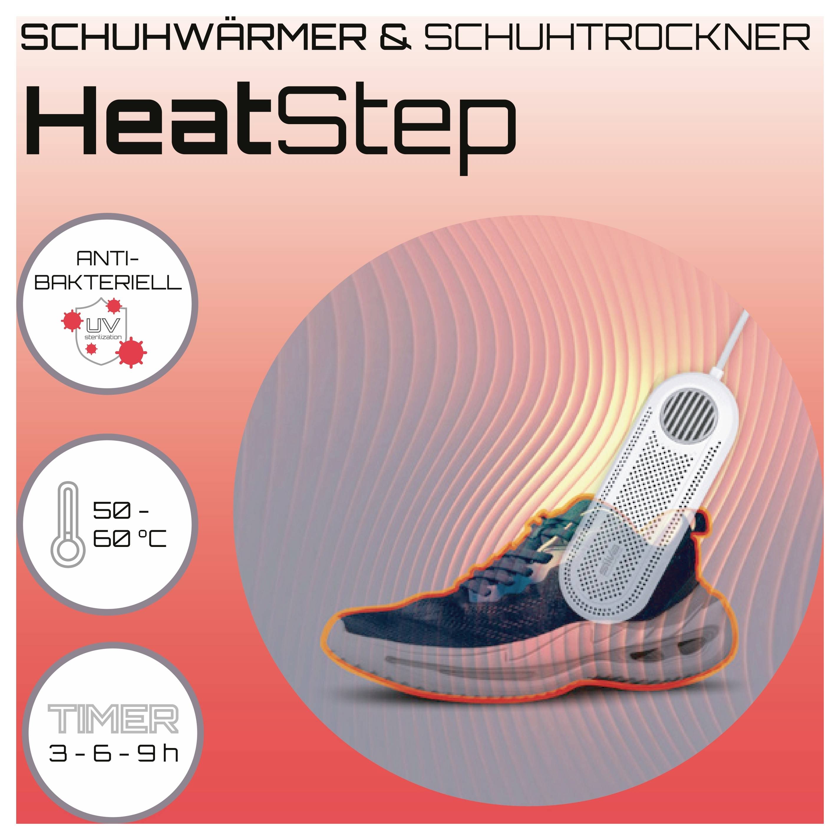 Športová topánka s elektrickým ohrievačom topánok. Text: 'Ohrievač topánok a sušič topánok', 'HeatStep'. Funkcie: antibakteriálny, teplota 50-60°C, časovač 3-9 hodín.