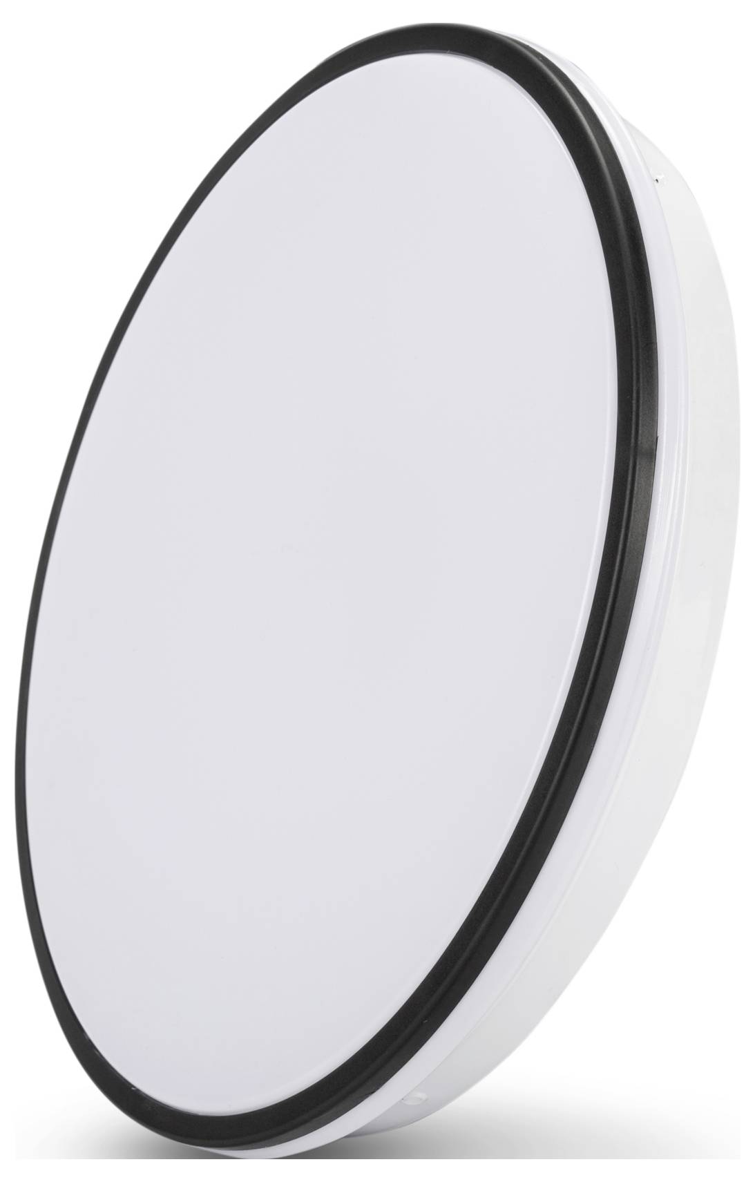 Kruhové biele stropné svietidlo s čiernym lemom je znázornené, typicky používané pre moderné osvetlenie domácností alebo kancelárií.