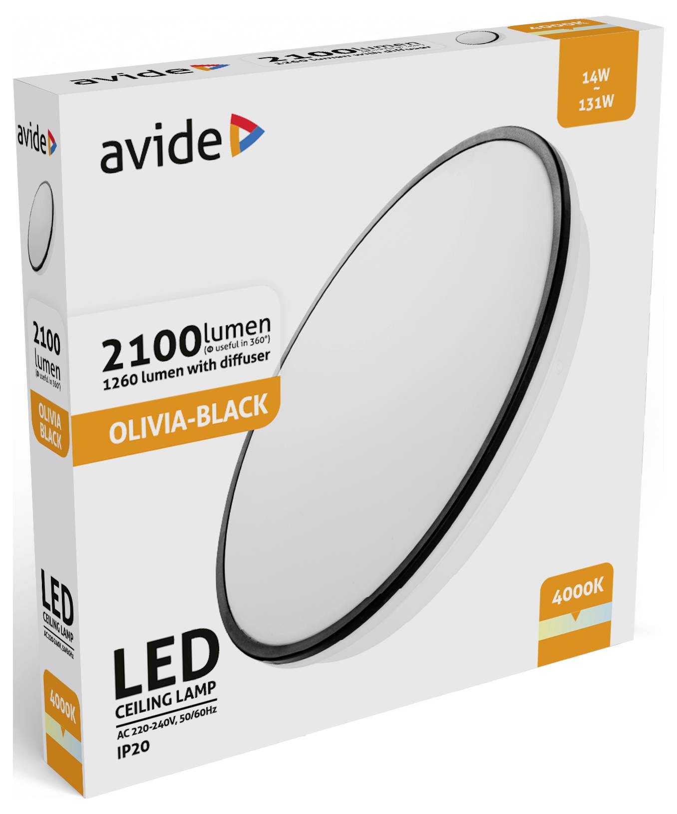 Stropná LED lampa Avide, Olivia-Čierna, 2100 lumenov, 14W, 4000K, IP20, AC 220-240V, 50/60Hz v bielom kartónovom obale.