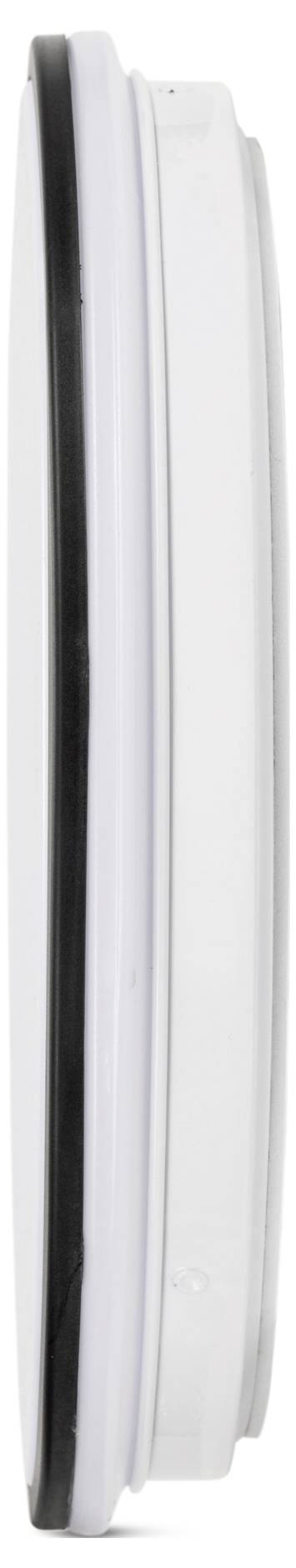 Biely kruhový objekt viditeľný z bočného pohľadu, s čiernym okrajom pozdĺž jednej strany.