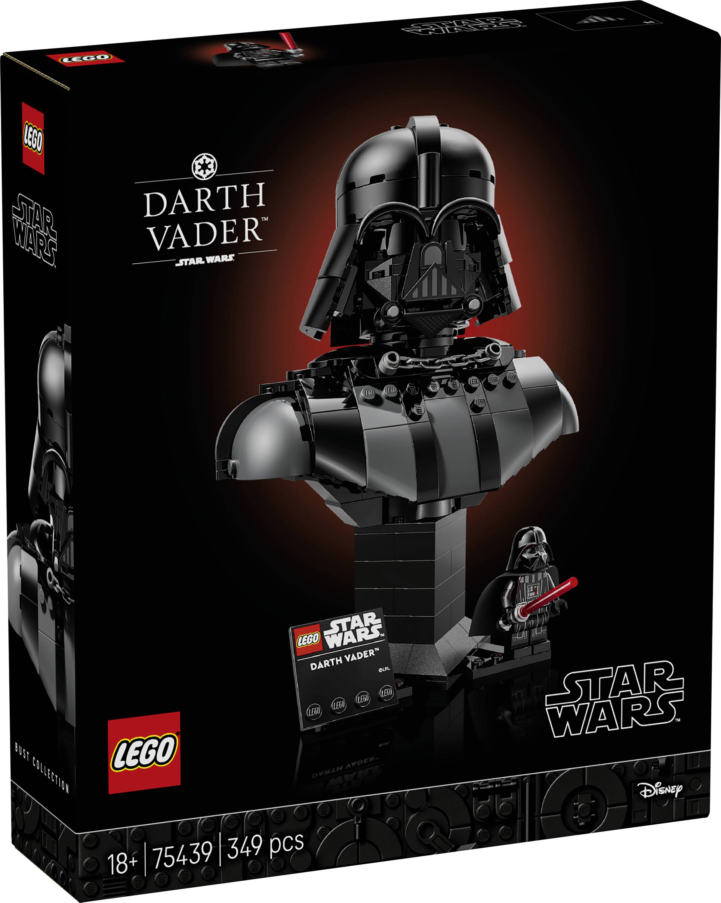 LEGO Darth Vader poprsie sada v krabici s 349 kusmi pre vek 18+, s obrázkom zostavenej postavy a značkou Star Wars.