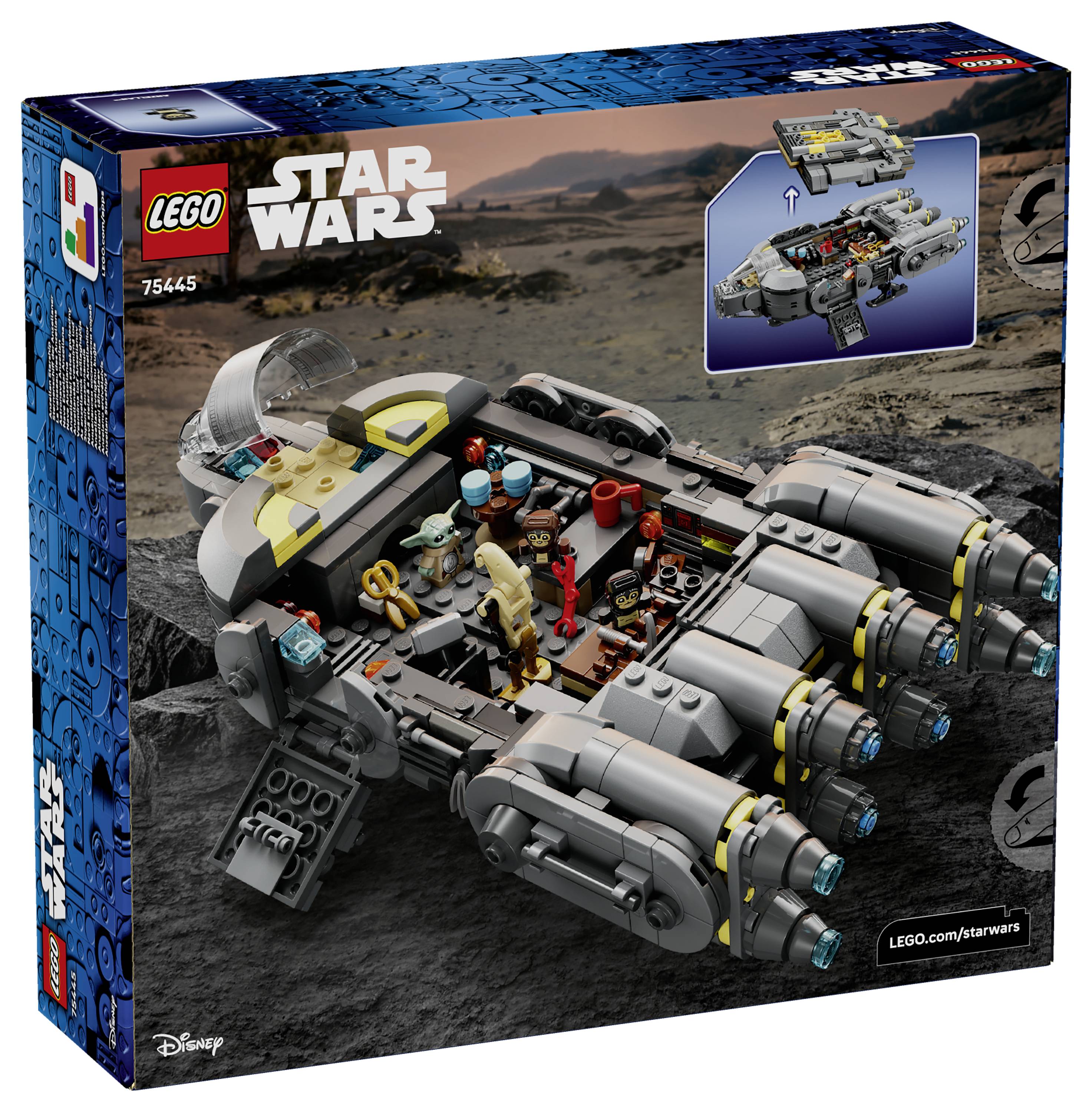 LEGO Star Wars sada v krabici zobrazujúca detailný model vesmírnej lode s postavami vnútri. Pozadie zobrazuje skalnatý krajinu.