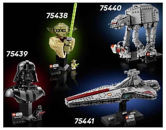 LEGO Star Wars sady obsahujúce Yodu, Dartha Vadera, AT-AT Walker a model Star Destroyer, z ktorých každá je označená svojím číslom sady.