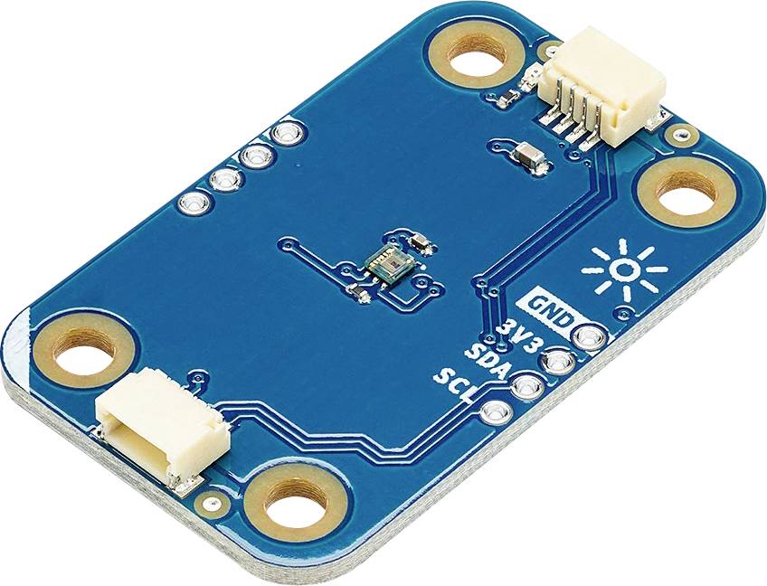 Malá modrá elektronická doska plošných spojov s pomenovanými pinmi: „GND", „3V3", „SDA" a „SCL". Konektory sú umiestnené na dvoch stranách.