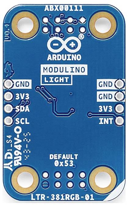 Doska plošných spojov označená 'Arduino Modulino Light' s prípojnými bodmi pre GND, 3V3, SDA, SCL a predvolenou adresou '0x53'.